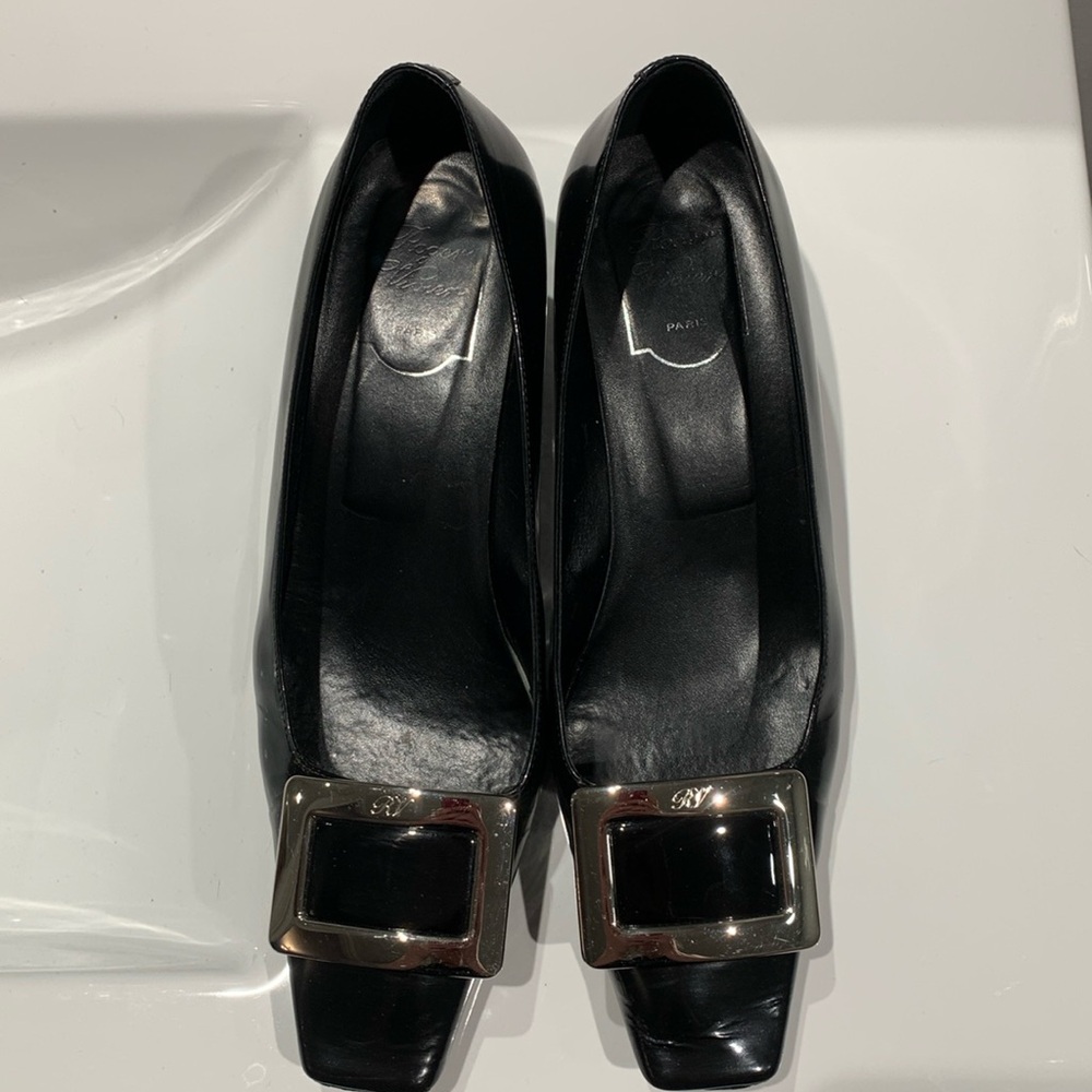 Roger Vivier Black and Silver Heels with Square Buckle